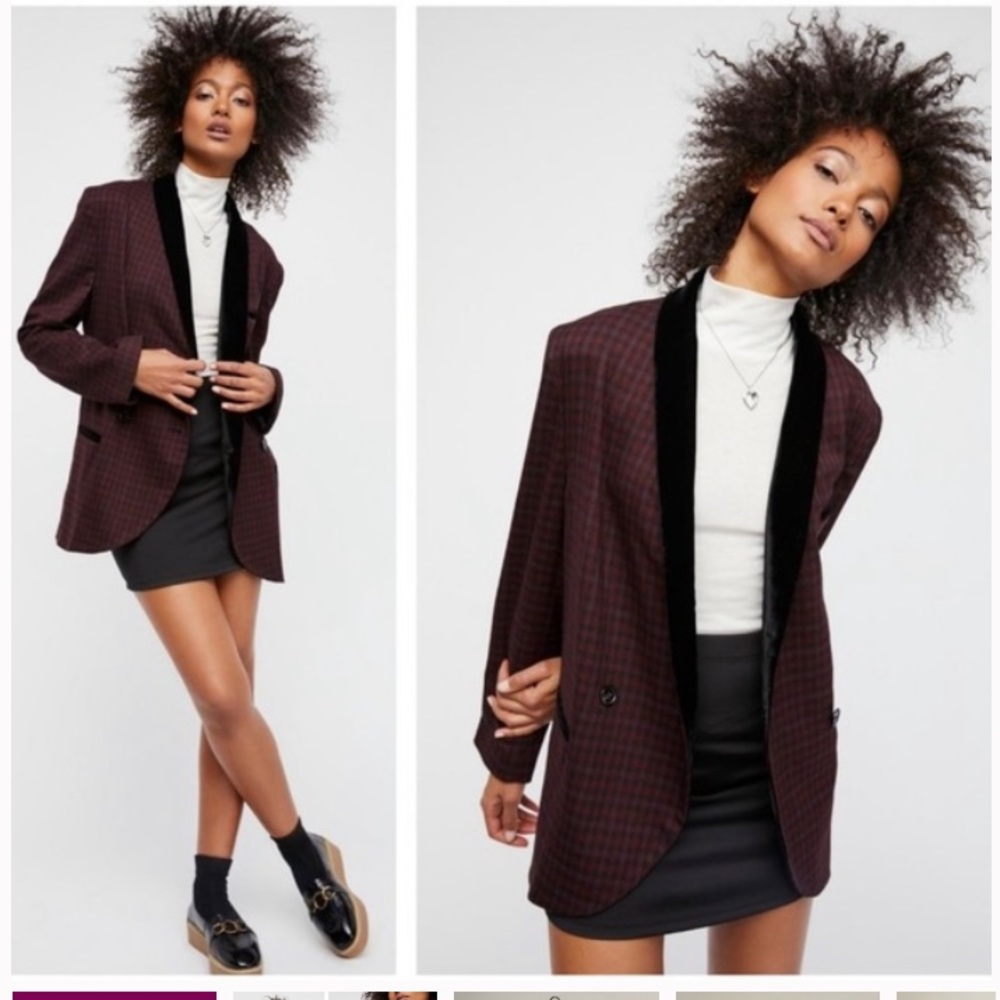 Free People oversized plaid velvet trim blazer size Large